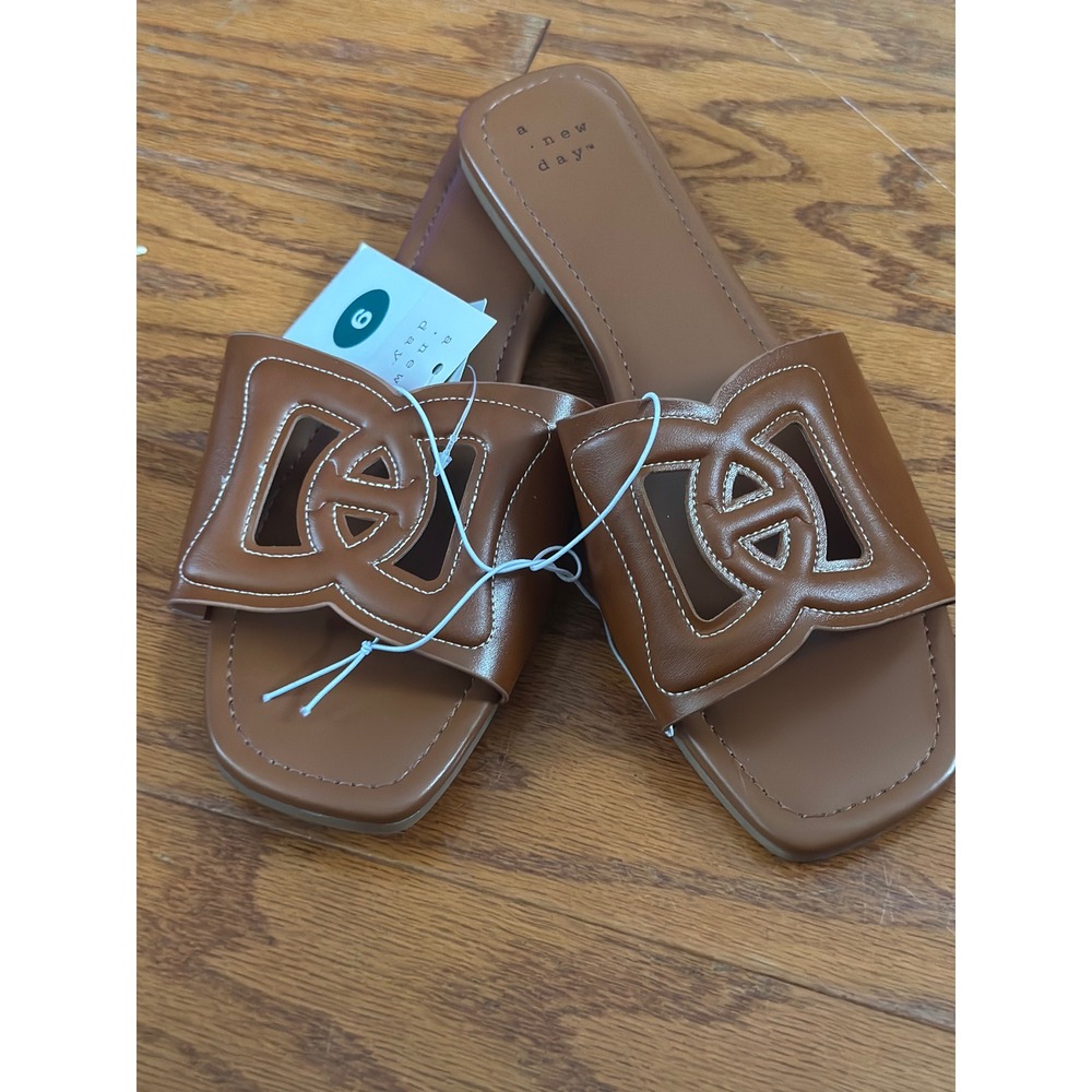 A New Day Womens Cognac Brown Cutout Slide Sandals Square Toe Flats Size 9 NEW